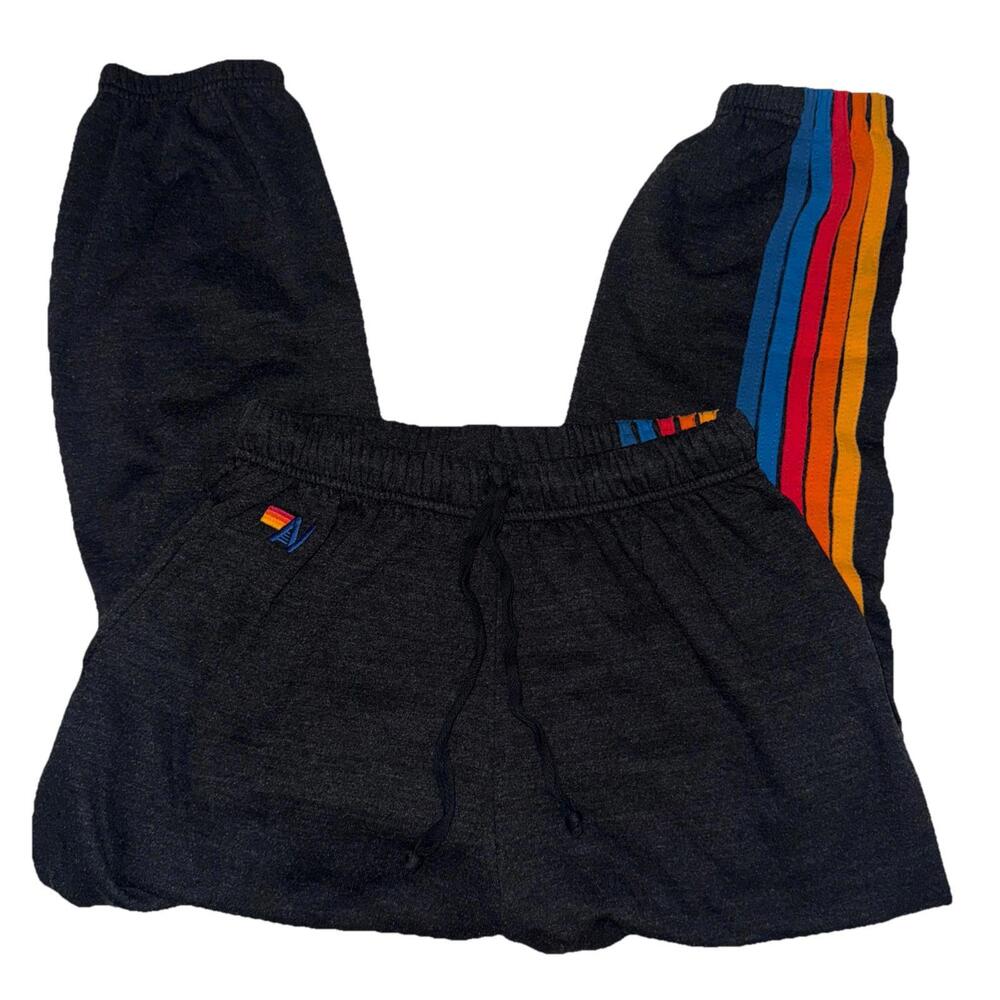 Aviator Nation Sweatpants Womens Small Black Rainbow 5-Stripe Fleece Jogger - Picture 1 of 9